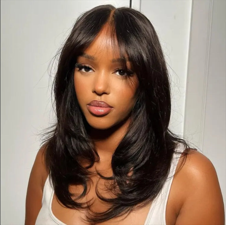 Wholesale Pre Cut 9x6 Lace Wavy Layer Cut Non Glue Wig With Curtain Bangs Black Female Human Hair Wig