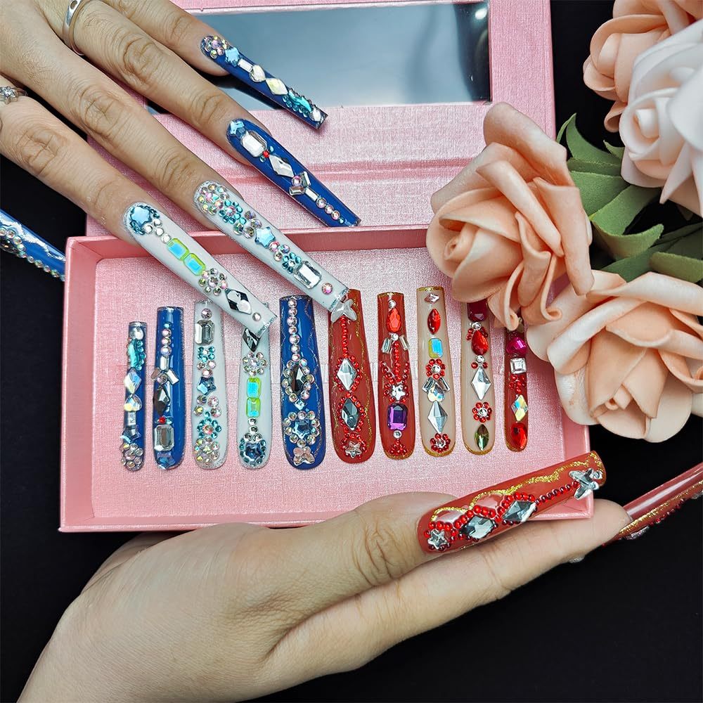 GGddsha Long Handmade PMMA Acrylic Nails With MultiColor Strap Stars Rhinestones Butterfly Design Reusable FullCoverage False Nails Ladies False Nail Set,Prismatic Eclat