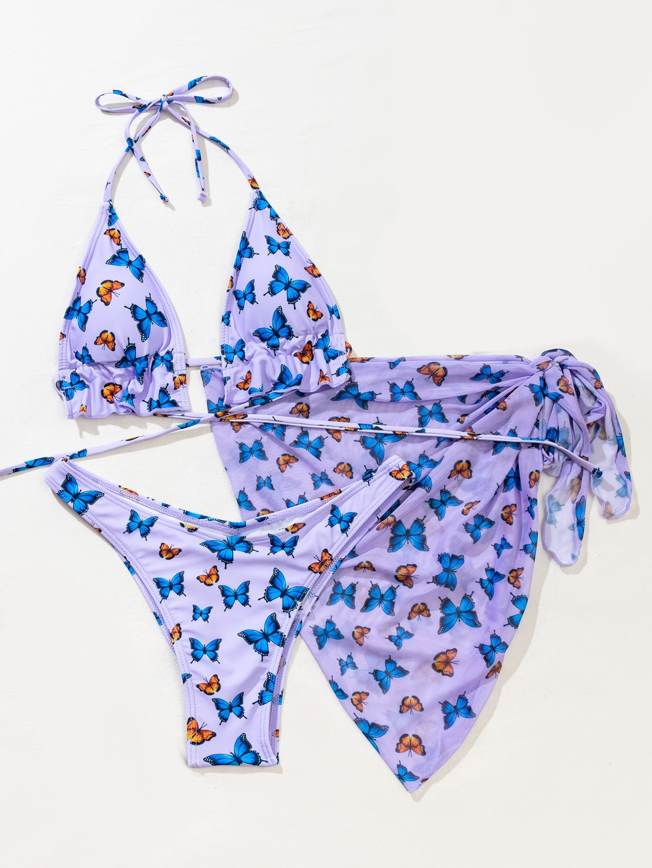 Foreign Trade Lady Butterfly Print Split Gauze Skirt Bikini Gather Three-Piece Swimsuit Bikini