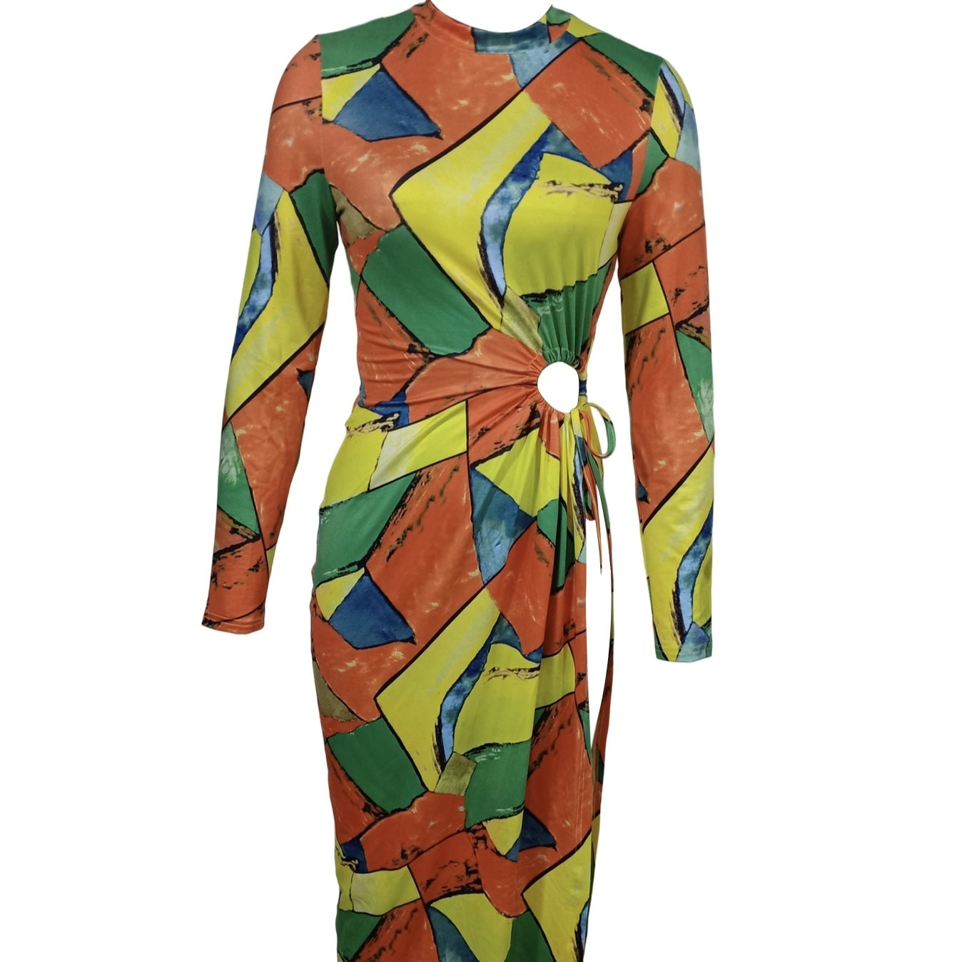 Ladies' Color Block Printed Sexy And Fashionable Slit Long Sleeved Dress