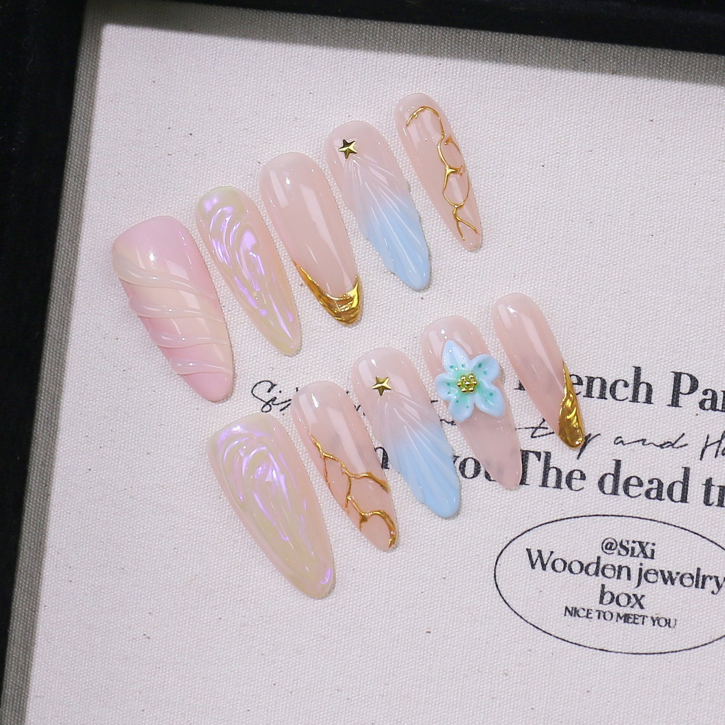 Mid-length Almond Fake Nails Handmade Carved High-grade French Shell Pattern Wear Armor