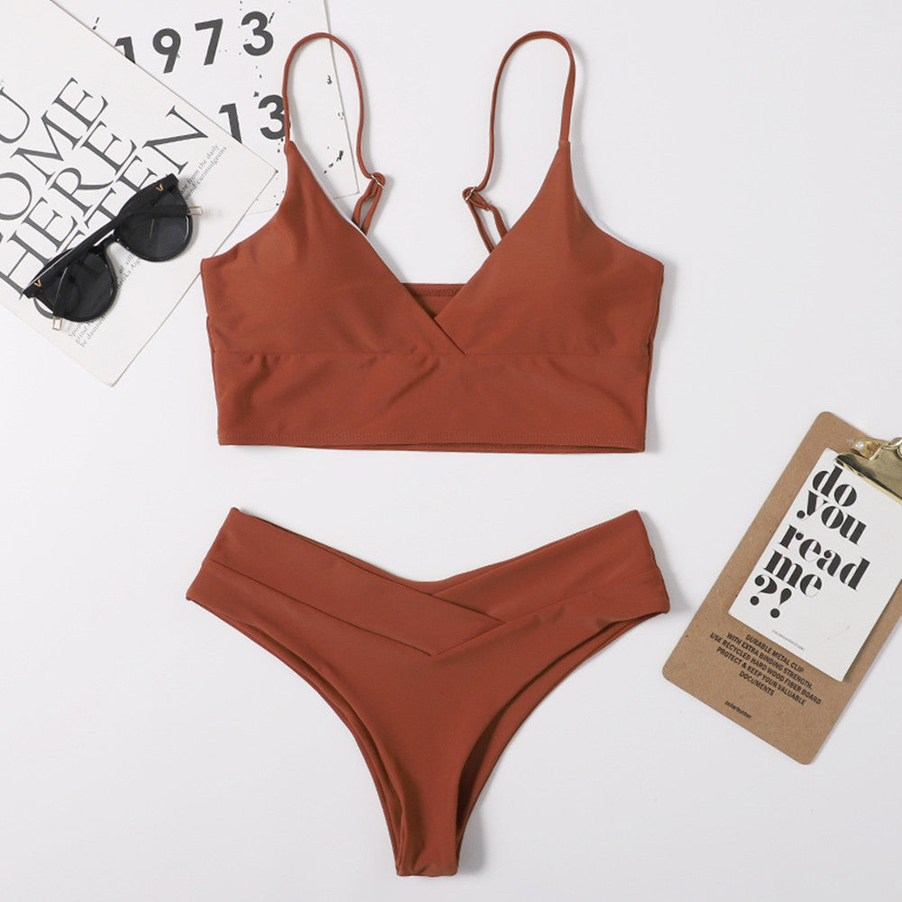 Split Solid Color Lady Sexy High Waist Triangle Bikini Multicolor Swimsuit Swimwear Bikini