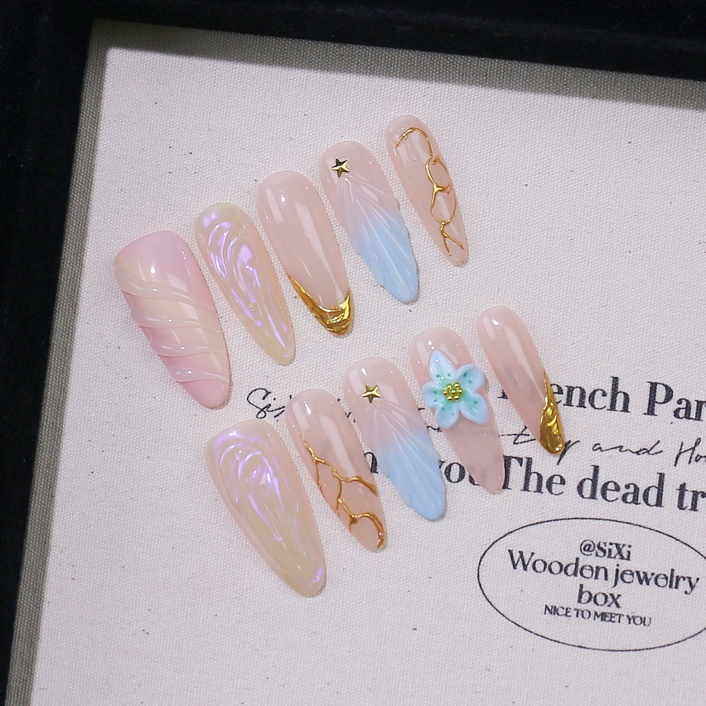 Mid-length Almond Fake Nails Handmade Carved High-grade French Shell Pattern Wear Armor
