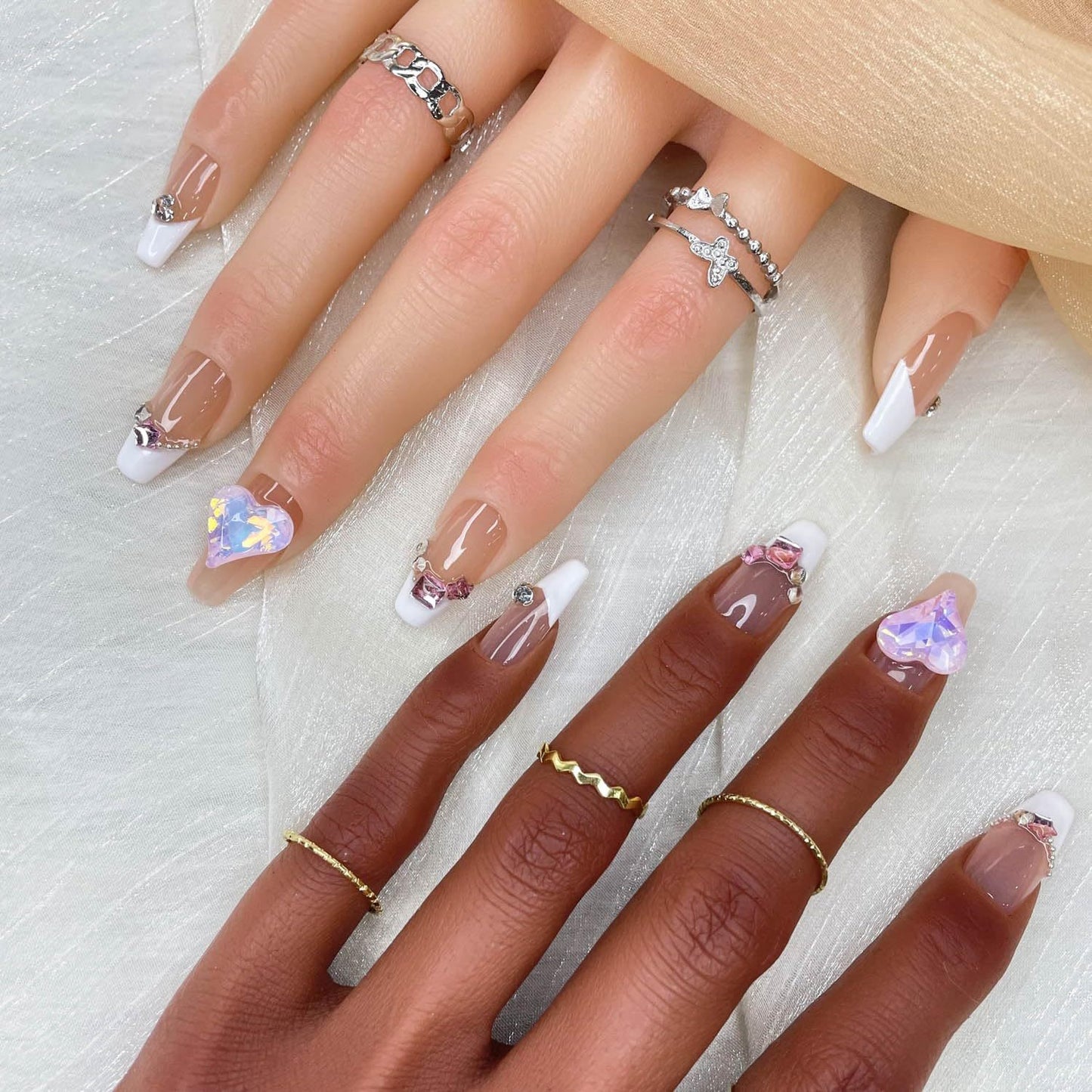 GGDDSHA 10pcs Press On Nails Long CoffinFake Nails Fashion Rhinestone Design Art Charmsfor Women Handmade Nail Art Manicure Gradient,Luxe Amour