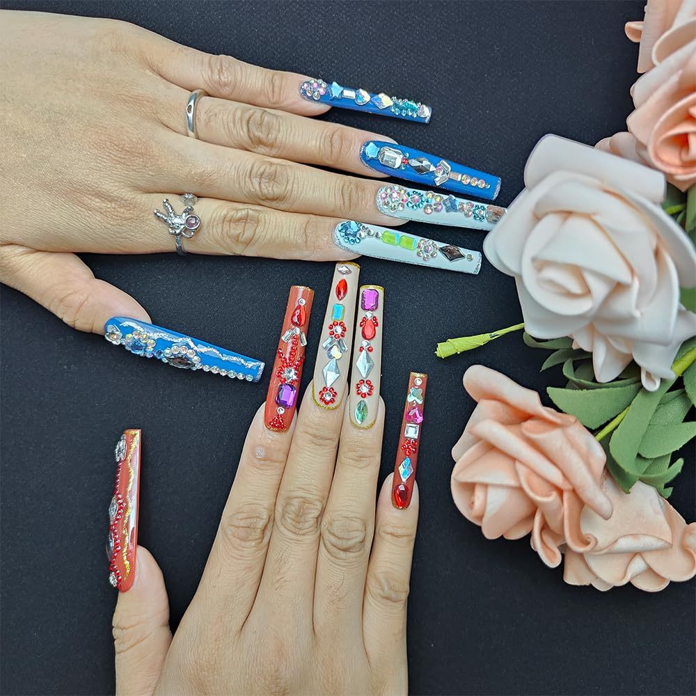 GGddsha Long Handmade PMMA Acrylic Nails With MultiColor Strap Stars Rhinestones Butterfly Design Reusable FullCoverage False Nails Ladies False Nail Set,Prismatic Eclat
