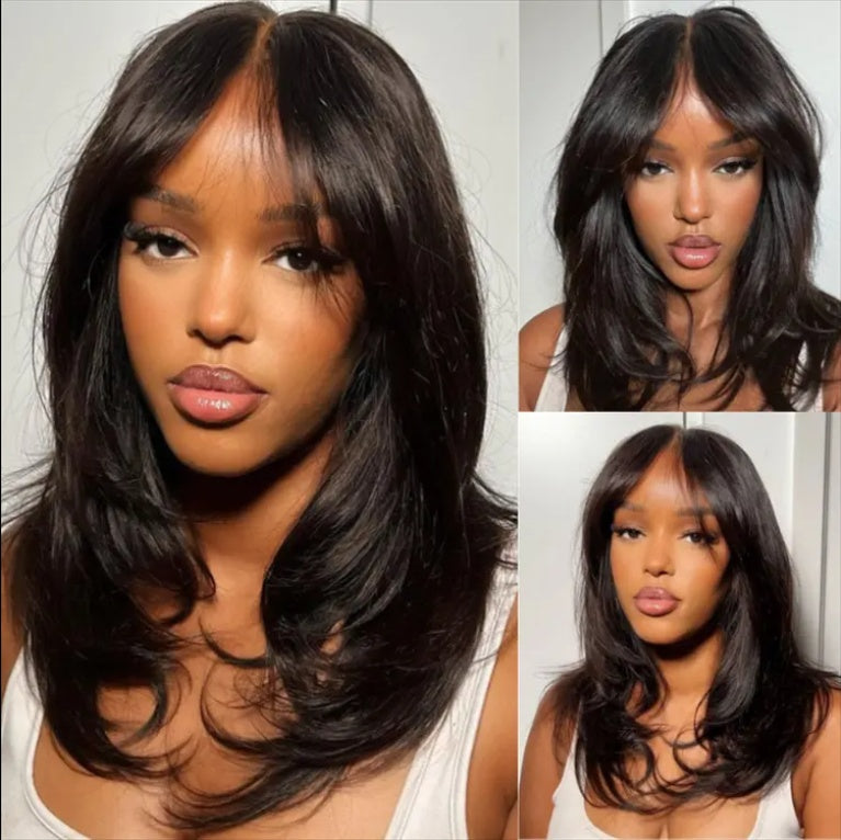 Wholesale Pre Cut 9x6 Lace Wavy Layer Cut Non Glue Wig With Curtain Bangs Black Female Human Hair Wig