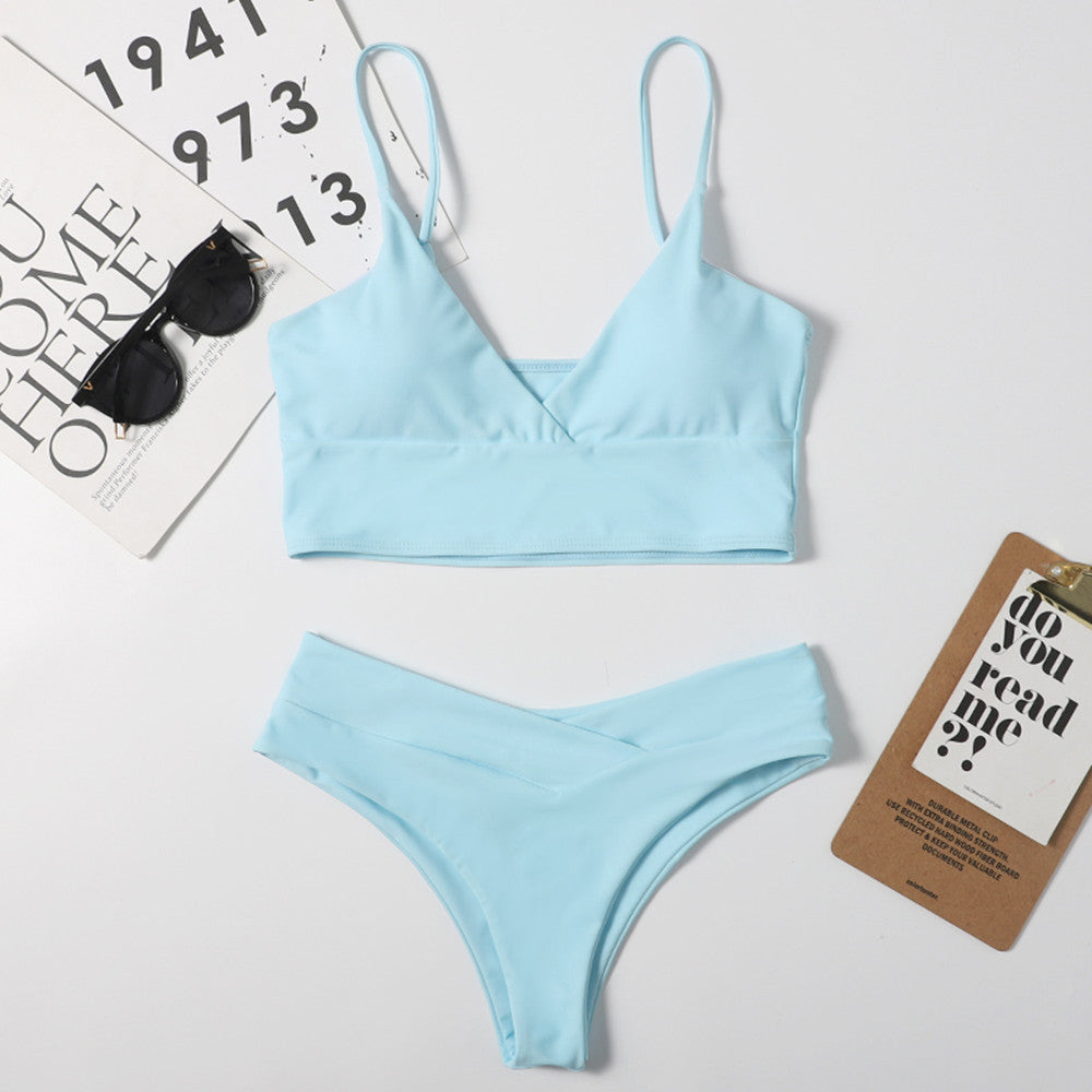 Split Solid Color Lady Sexy High Waist Triangle Bikini Multicolor Swimsuit Swimwear Bikini