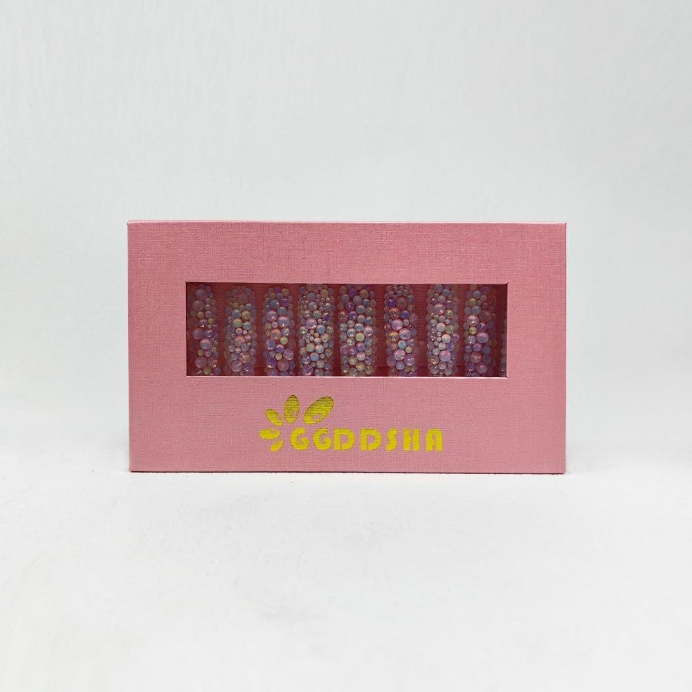 GGddsha 2025 Long Novel Design And Reusable HandmadePMMA Acrylic Press On Nails Full Coverage Candy 3D CrystaFake Nails With Box Gifts For Women,Pastel Galaxy