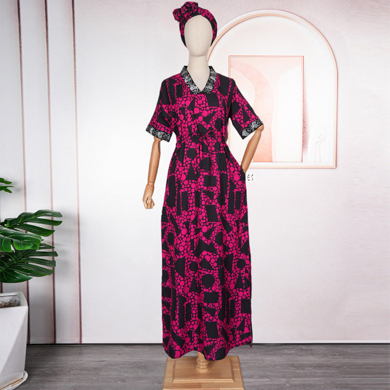 Women's Clothing Large Size V-neck Short-sleeved Rhinestone Printing Dress