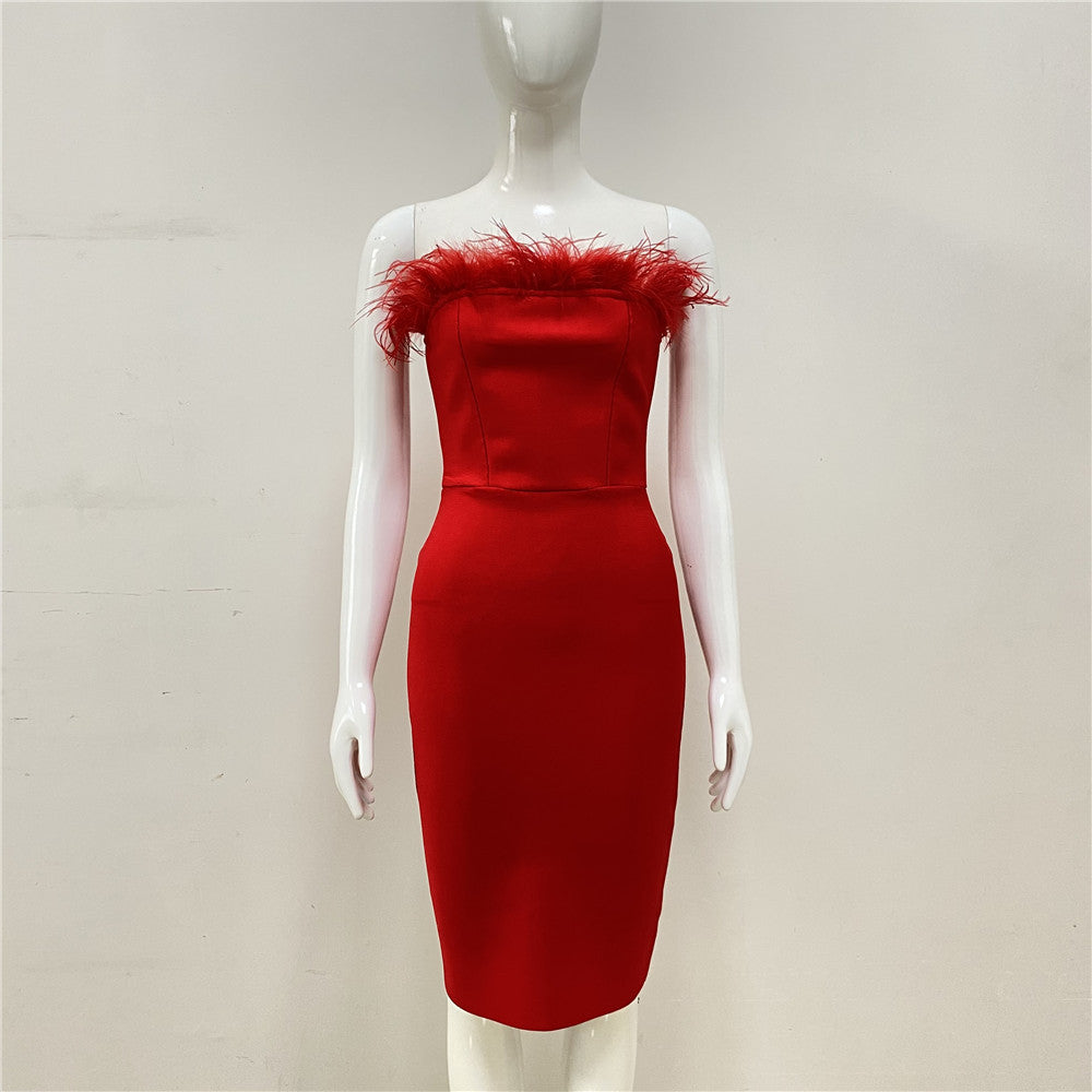 Simple Feather Tube Top High Waist Dress