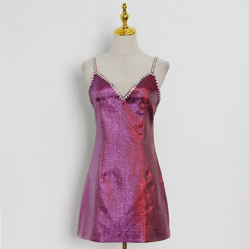 Summer Style Diamond-studded Bright Color Sling Short Bag Dress