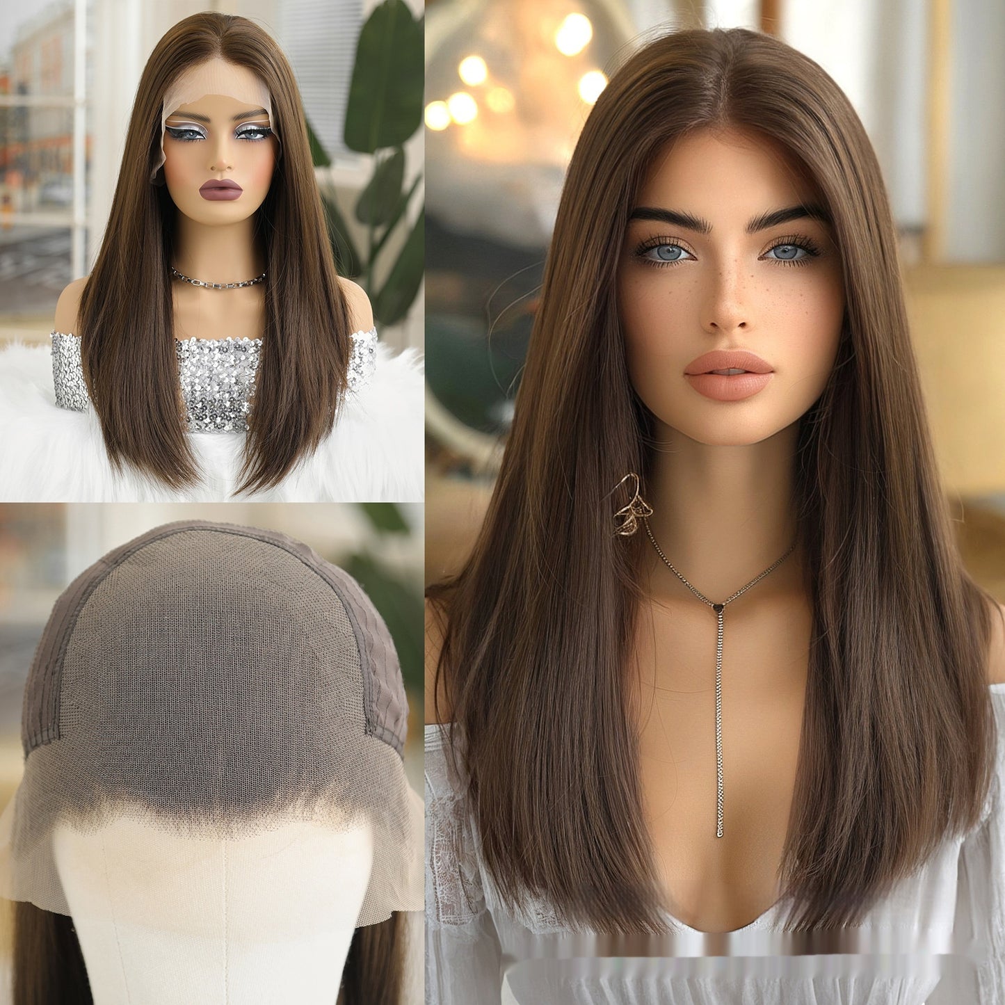 136 Lace Wig Large Area Cold Brown Medium Fashion