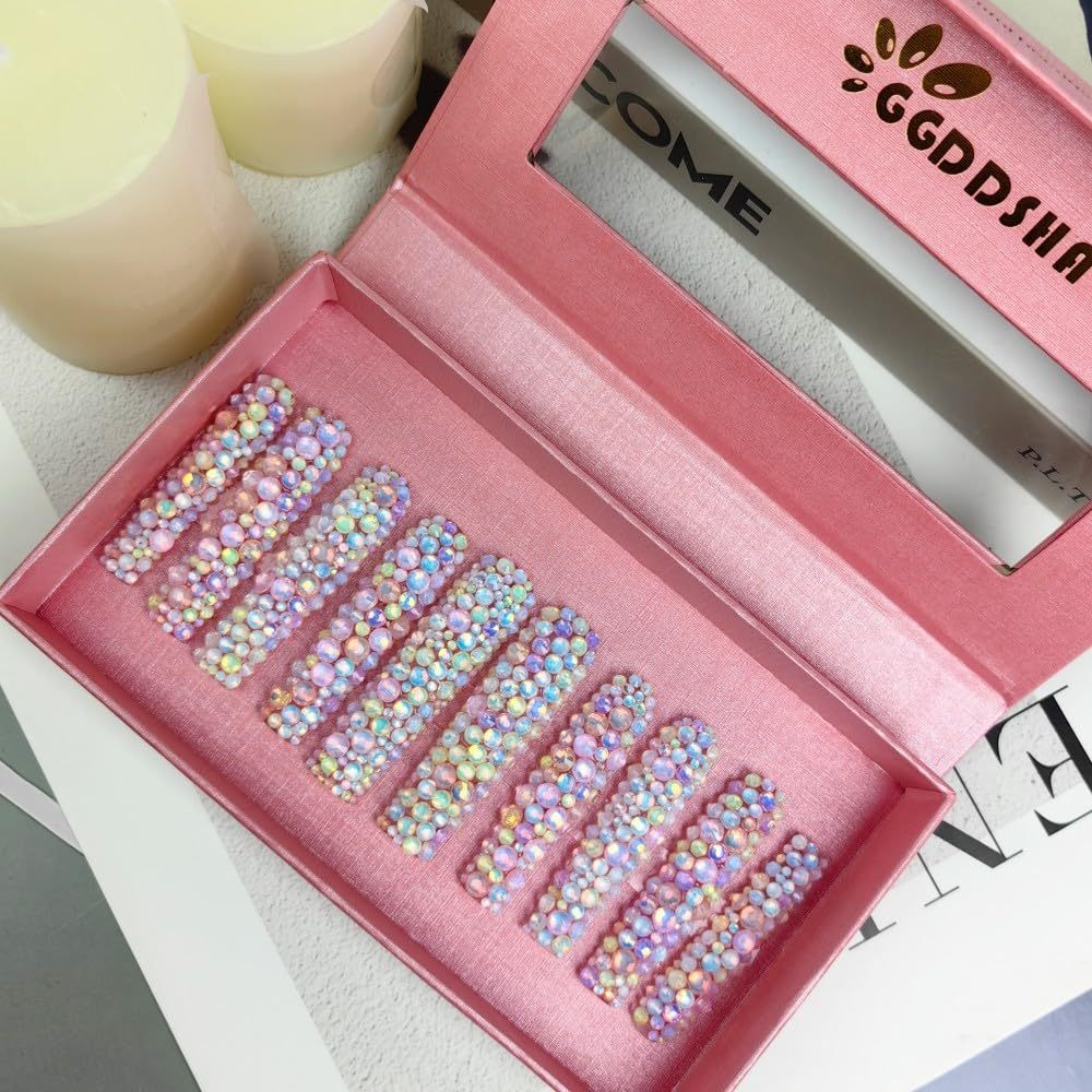 GGddsha 2025 Long Novel Design And Reusable HandmadePMMA Acrylic Press On Nails Full Coverage Candy 3D CrystaFake Nails With Box Gifts For Women,Pastel Galaxy