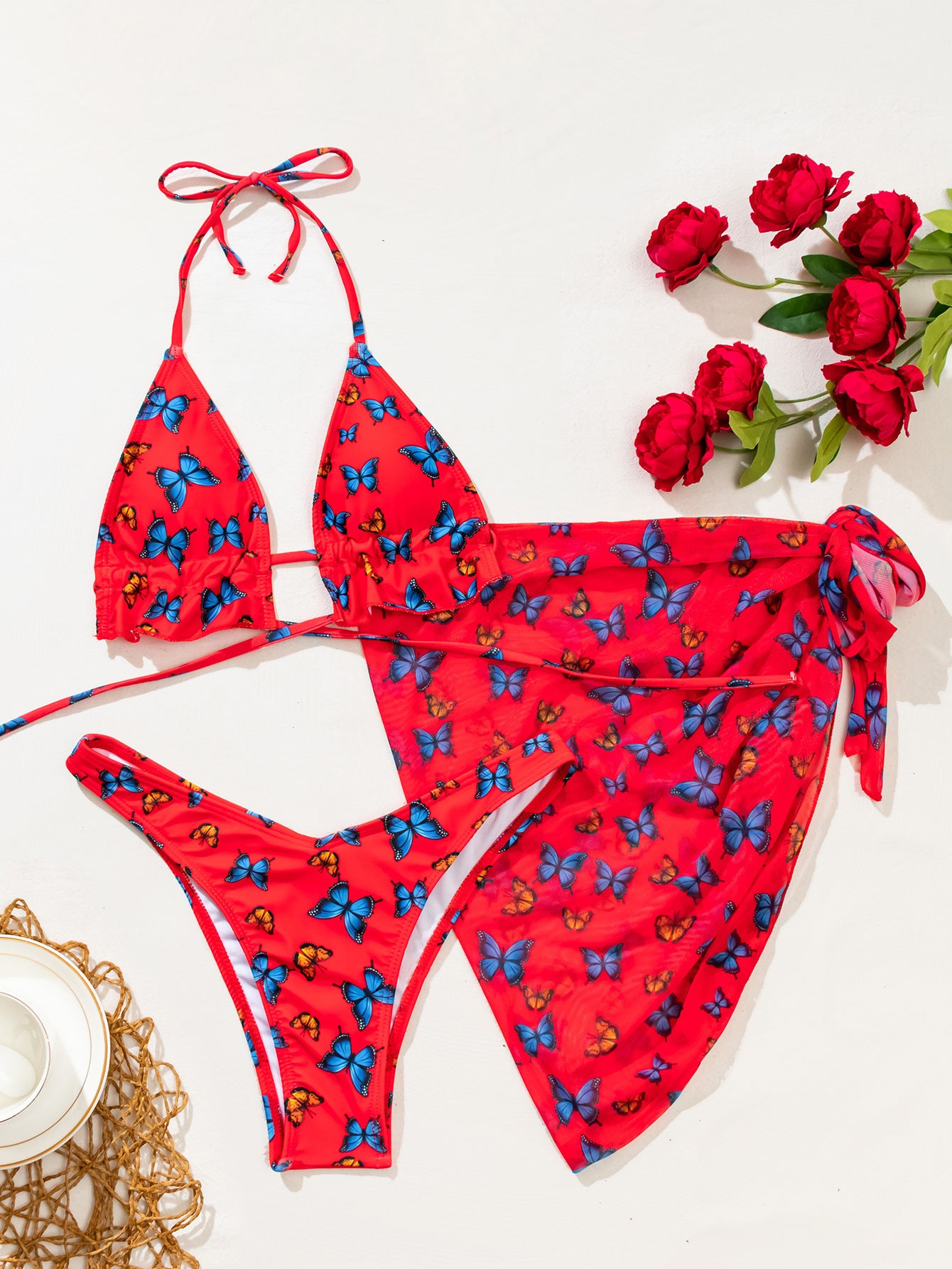Foreign Trade Lady Butterfly Print Split Gauze Skirt Bikini Gather Three-Piece Swimsuit Bikini