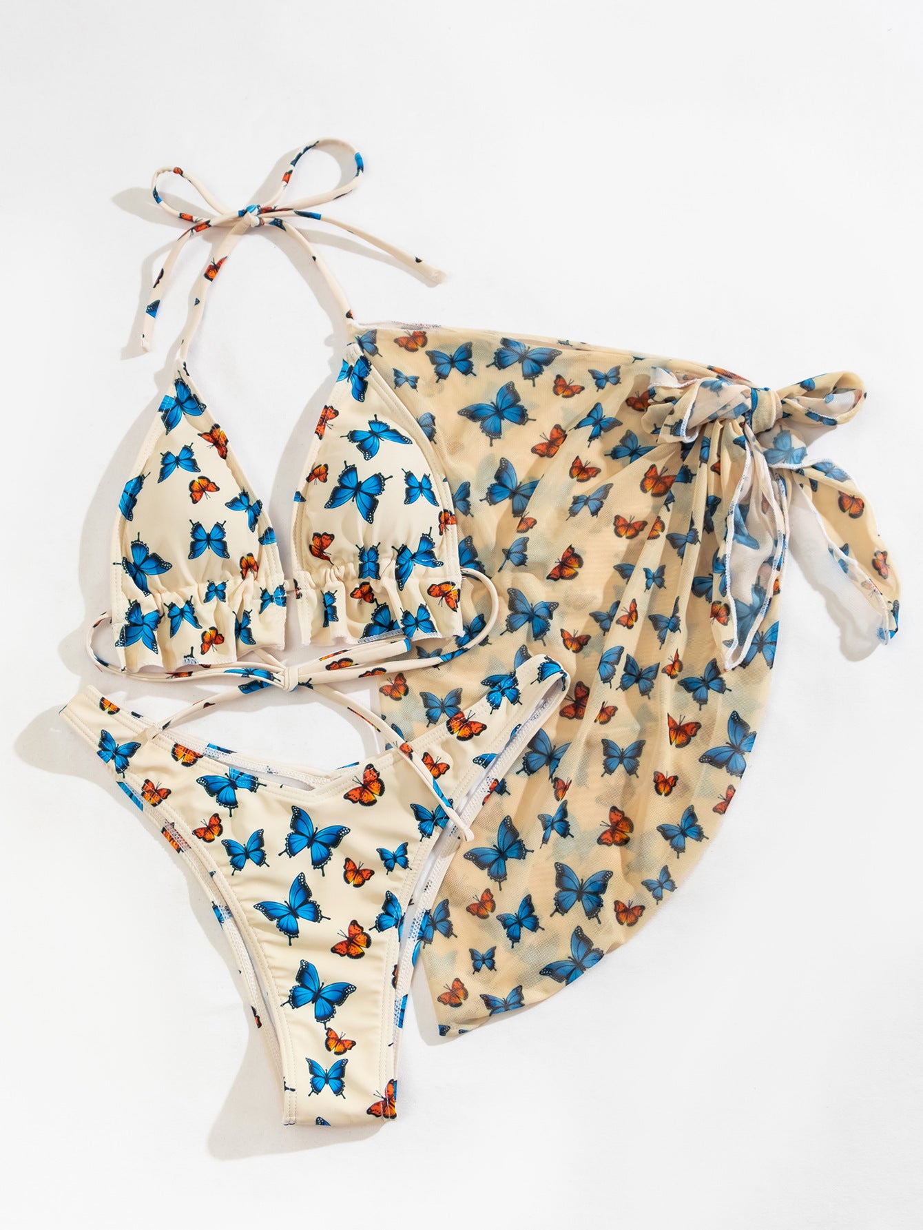 Foreign Trade Lady Butterfly Print Split Gauze Skirt Bikini Gather Three-Piece Swimsuit Bikini