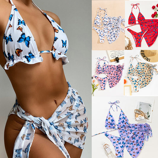 Foreign Trade Lady Butterfly Print Split Gauze Skirt Bikini Gather Three-Piece Swimsuit Bikini