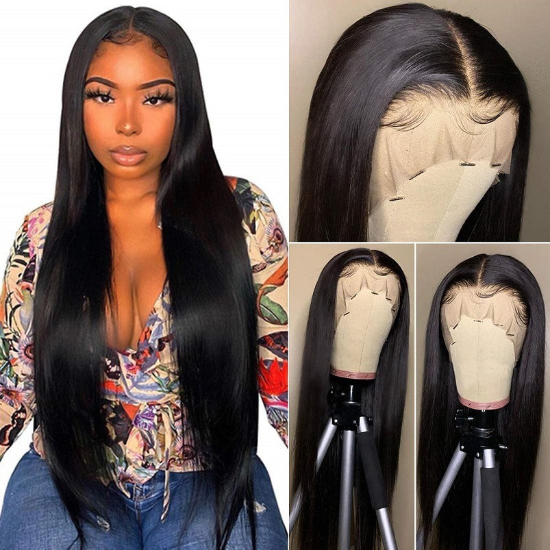 European And American Wig Women's Black Front Lace Split Long Straight Hair Chemical Fiber Headgear Cross Border For Manufacturers In Stock