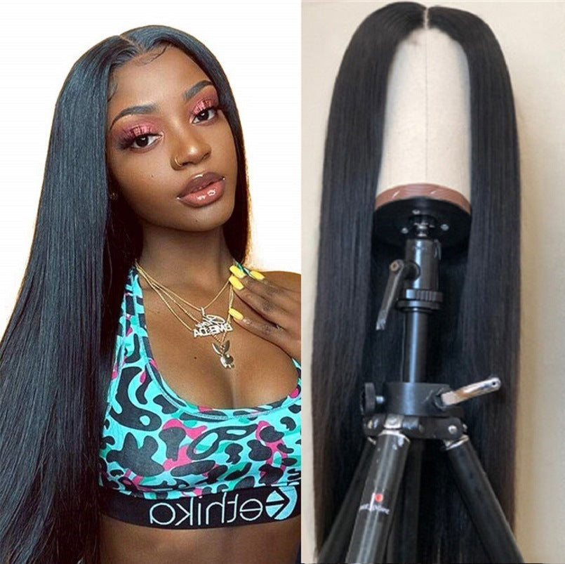 European And American Wig Women's Black Front Lace Split Long Straight Hair Chemical Fiber Headgear Cross Border For Manufacturers In Stock