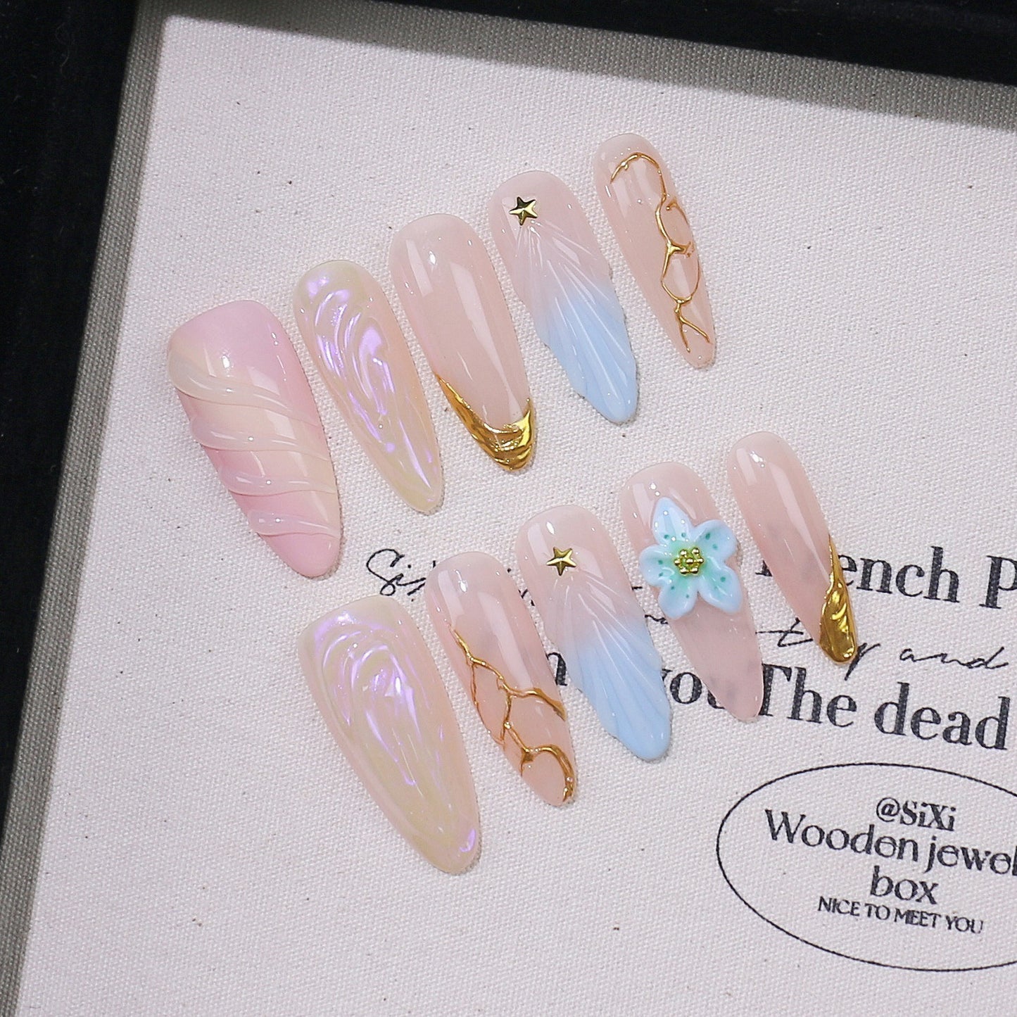 Mid-length Almond Fake Nails Handmade Carved High-grade French Shell Pattern Wear Armor