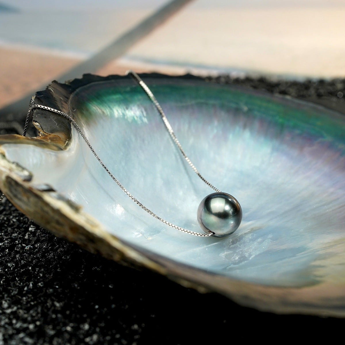 Natural Perfect Circle Strong Light Tahitian Black Pearl Pendant S925 Silver Necklace