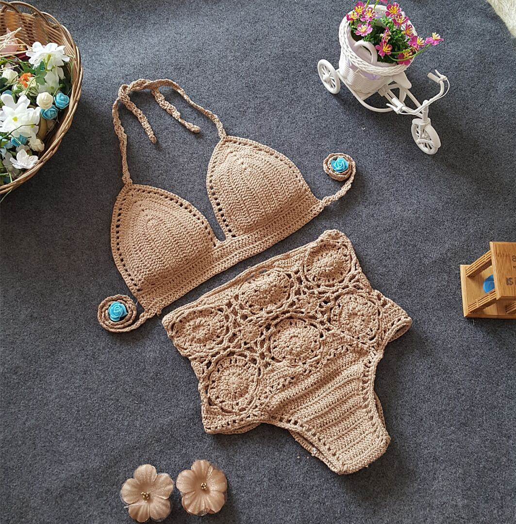 European and American foreign trade new high waisted swimsuit color crochet hook flower lady hollow split bikinis suit