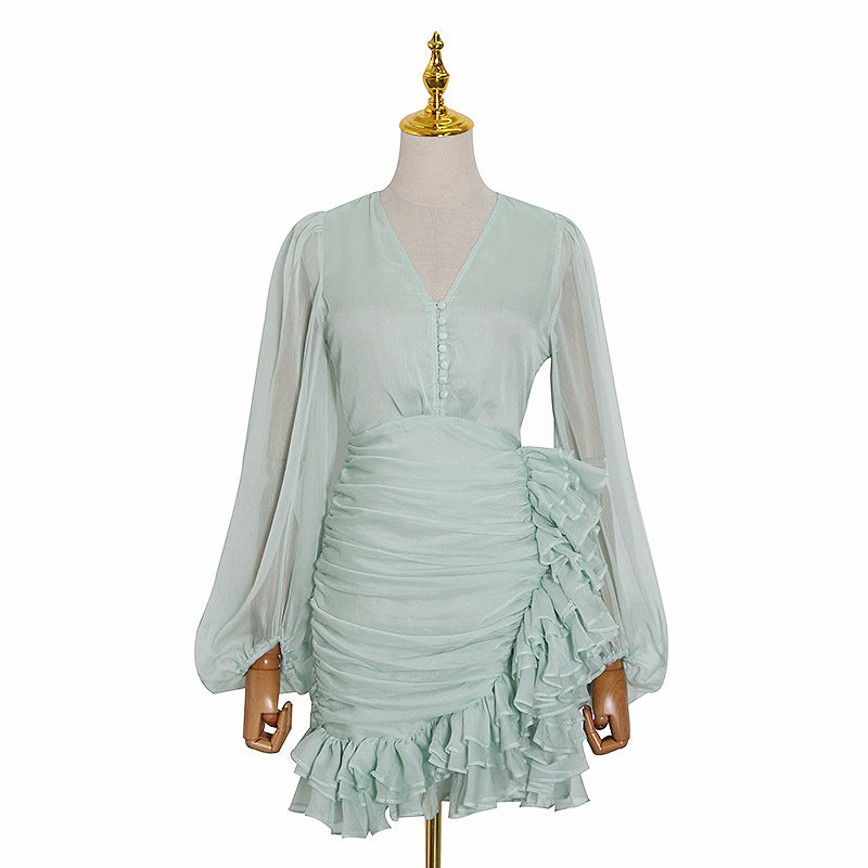 Puff sleeve pleated irregular ruffle holiday dress