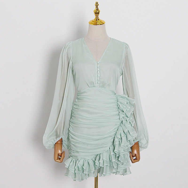 Puff sleeve pleated irregular ruffle holiday dress