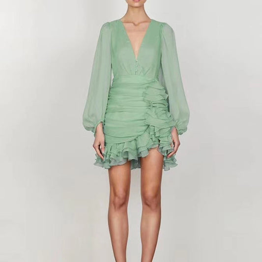 Puff sleeve pleated irregular ruffle holiday dress