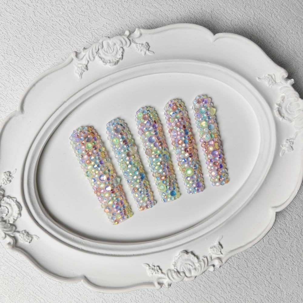 GGddsha 2025 Long Novel Design And Reusable HandmadePMMA Acrylic Press On Nails Full Coverage Candy 3D CrystaFake Nails With Box Gifts For Women,Pastel Galaxy