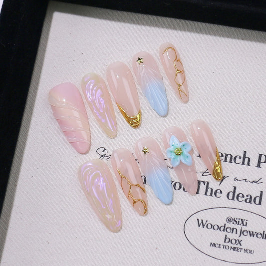 Mid-length Almond Fake Nails Handmade Carved High-grade French Shell Pattern Wear Armor