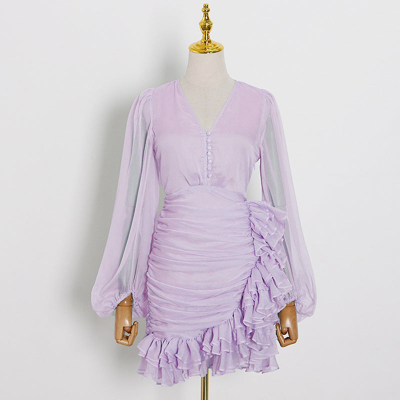 Puff sleeve pleated irregular ruffle holiday dress