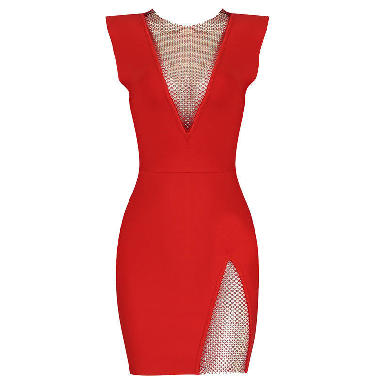 Sexy Ladies Slim-fit Mesh Dress With Diamond Bandage