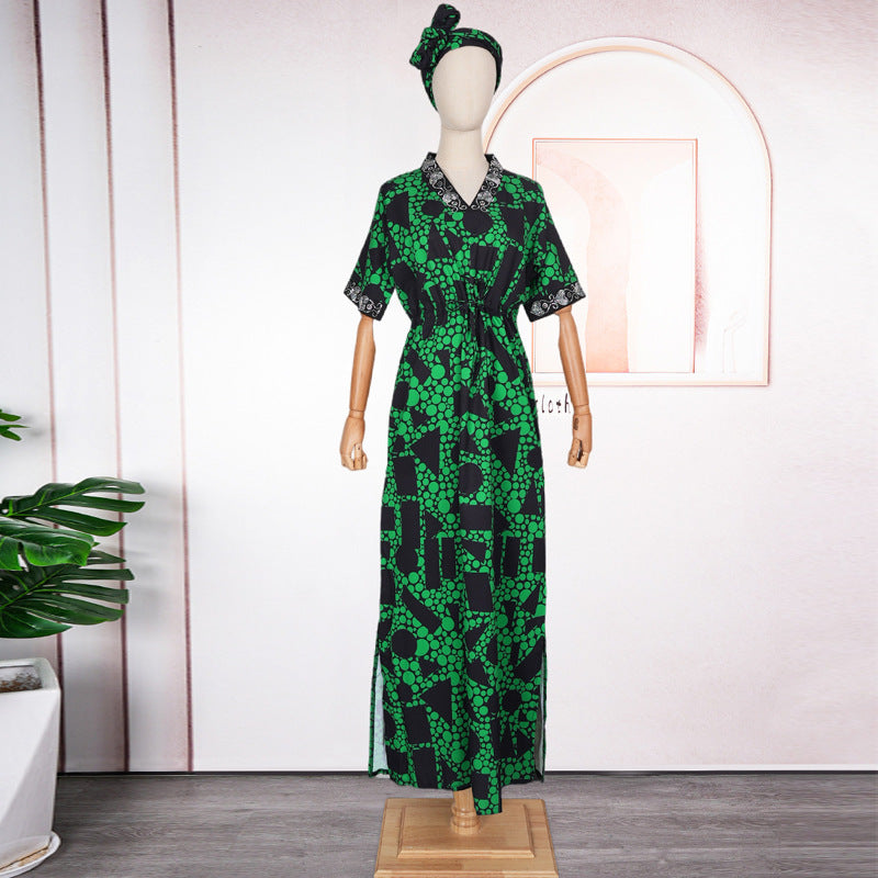 Women's Clothing Large Size V-neck Short-sleeved Rhinestone Printing Dress